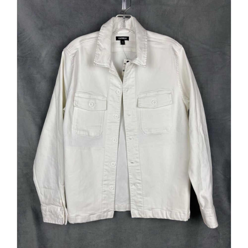 Express Mens Stretch Denim Shirt Jacket Mens XS White Shacket Utility NWT
